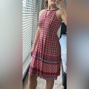 Wisp Cyndie Jersey Dress, Halter Keyhole, Geo Print, Coral